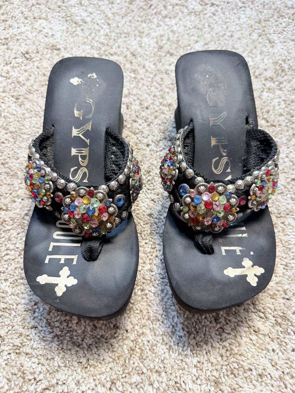 Gypsy Soule Rhinestone Wedge Flip Flops Black